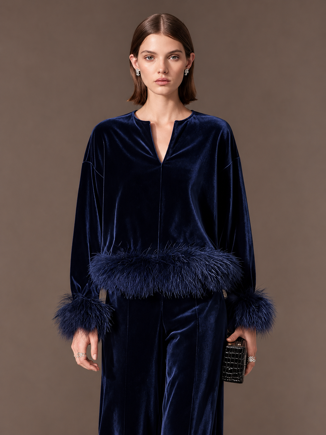 Navy Velvet Artificial Fur Trim Notch-Neck Drop-Shoulder Top And Wide-Leg Trousers Set