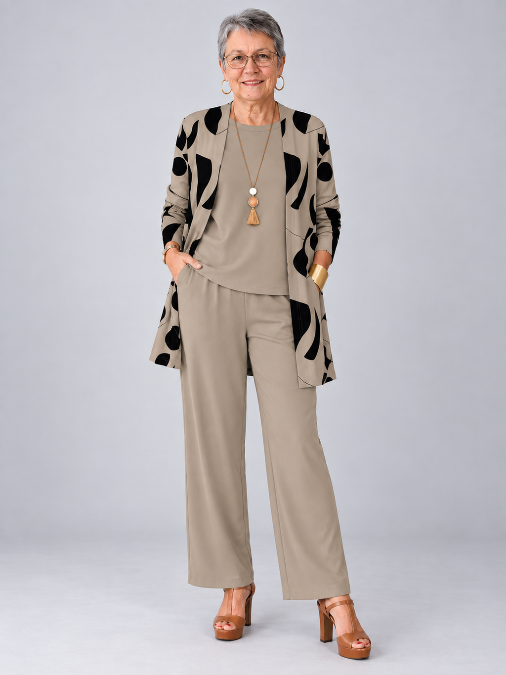 Elegant Printed Cardigan & Wide-Leg Pants 3-Piece Set