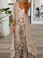Elegante vestido largo floral con cárdigan superpuesto abierto al frente – Conjunto de 2 piezas