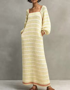 Minimalist Striped Square-Neck Long-Sleeve Maxi Sweater Dress