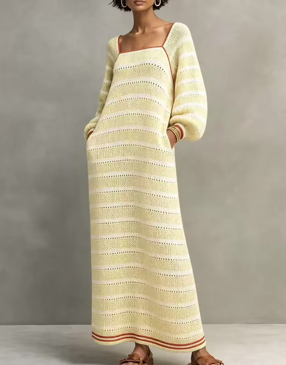 Minimalist Striped Square-Neck Long-Sleeve Maxi Sweater Dress