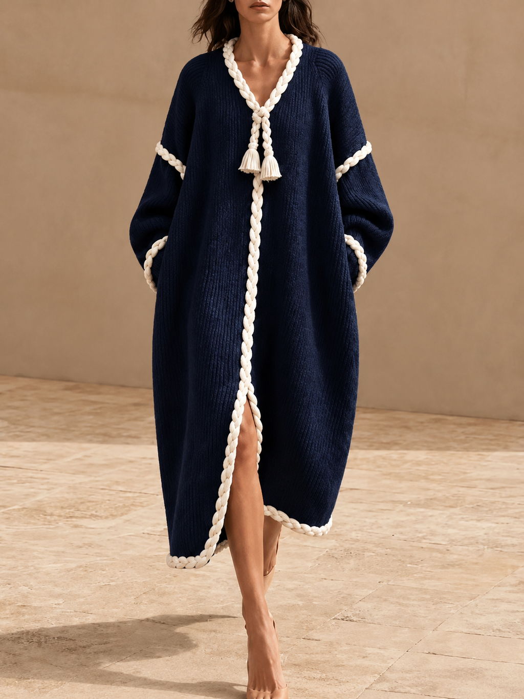 Oversized Ribbed Knit Dress with Braided Rope Trim
