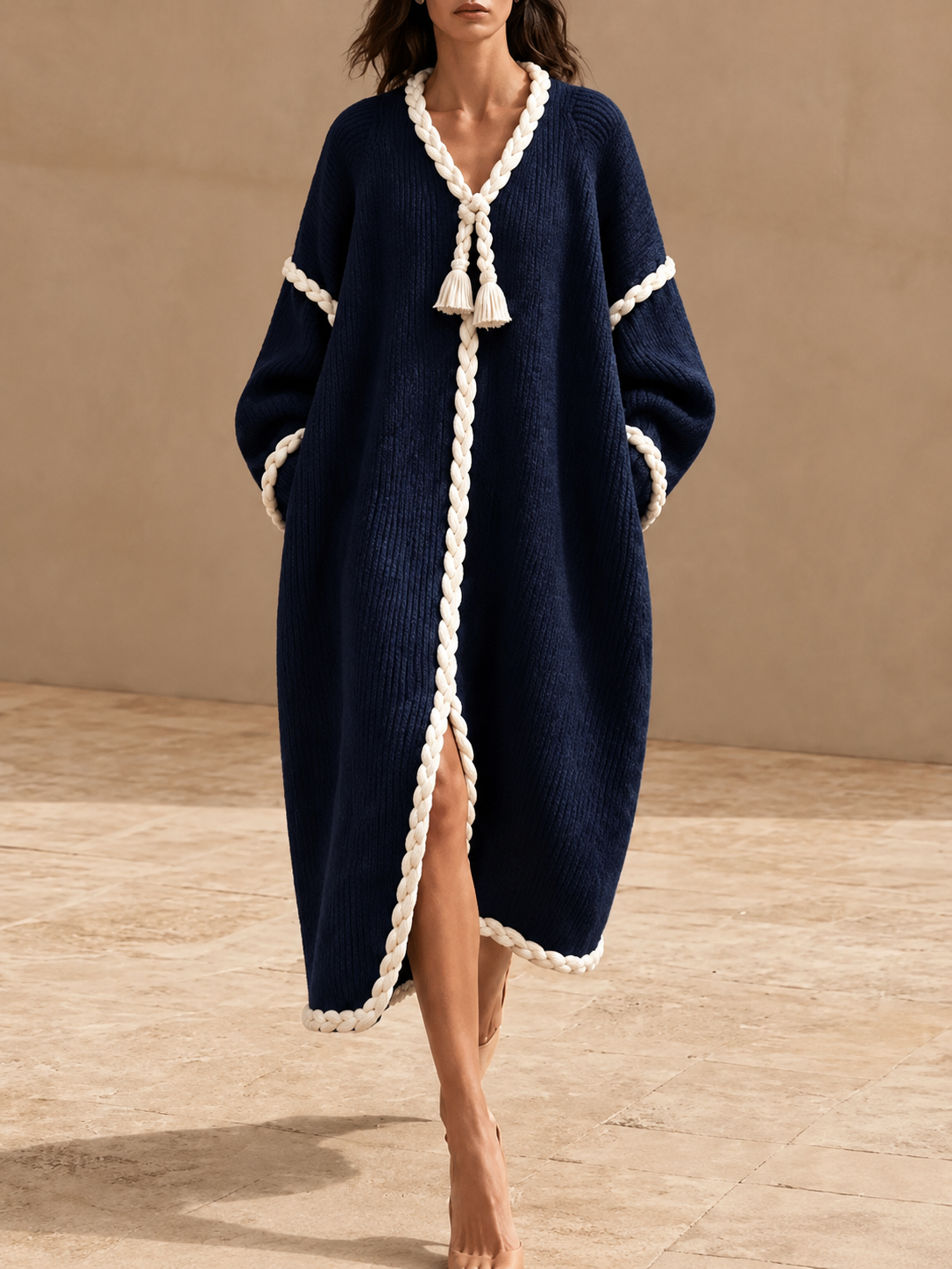 Oversized Ribbed Knit Dress with Braided Rope Trim