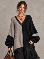 Elegant V-neck Knit And Lace Color-block Panel Maxi Dress