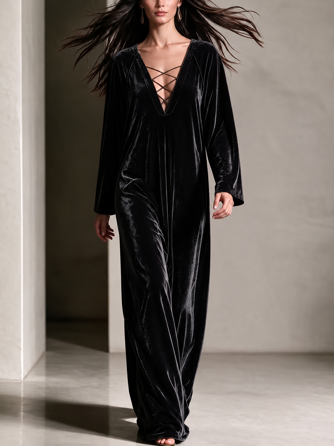 Velvet Criss‑Cross V‑Neck Maxi Kaftan