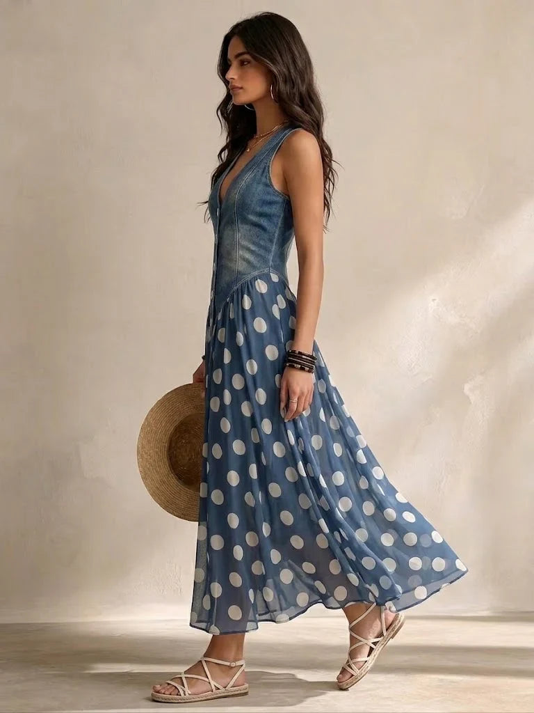 Denim Polka Dot Maxi Dress