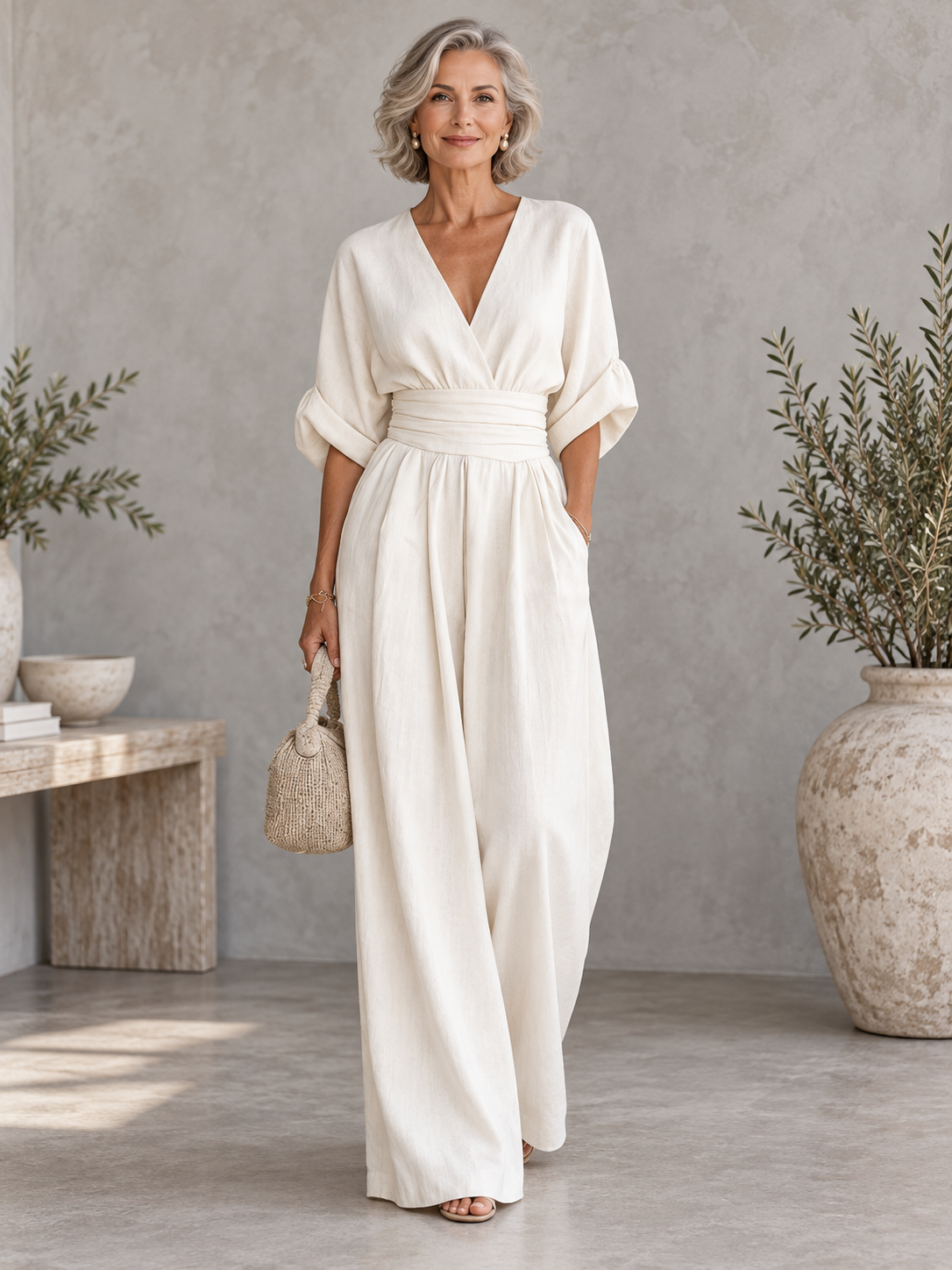 Boho Wide-Leg High-Waist V-Neck Jumpsuit