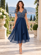 Stylish Blue V-Neck Short Sleeve Midi Dress
