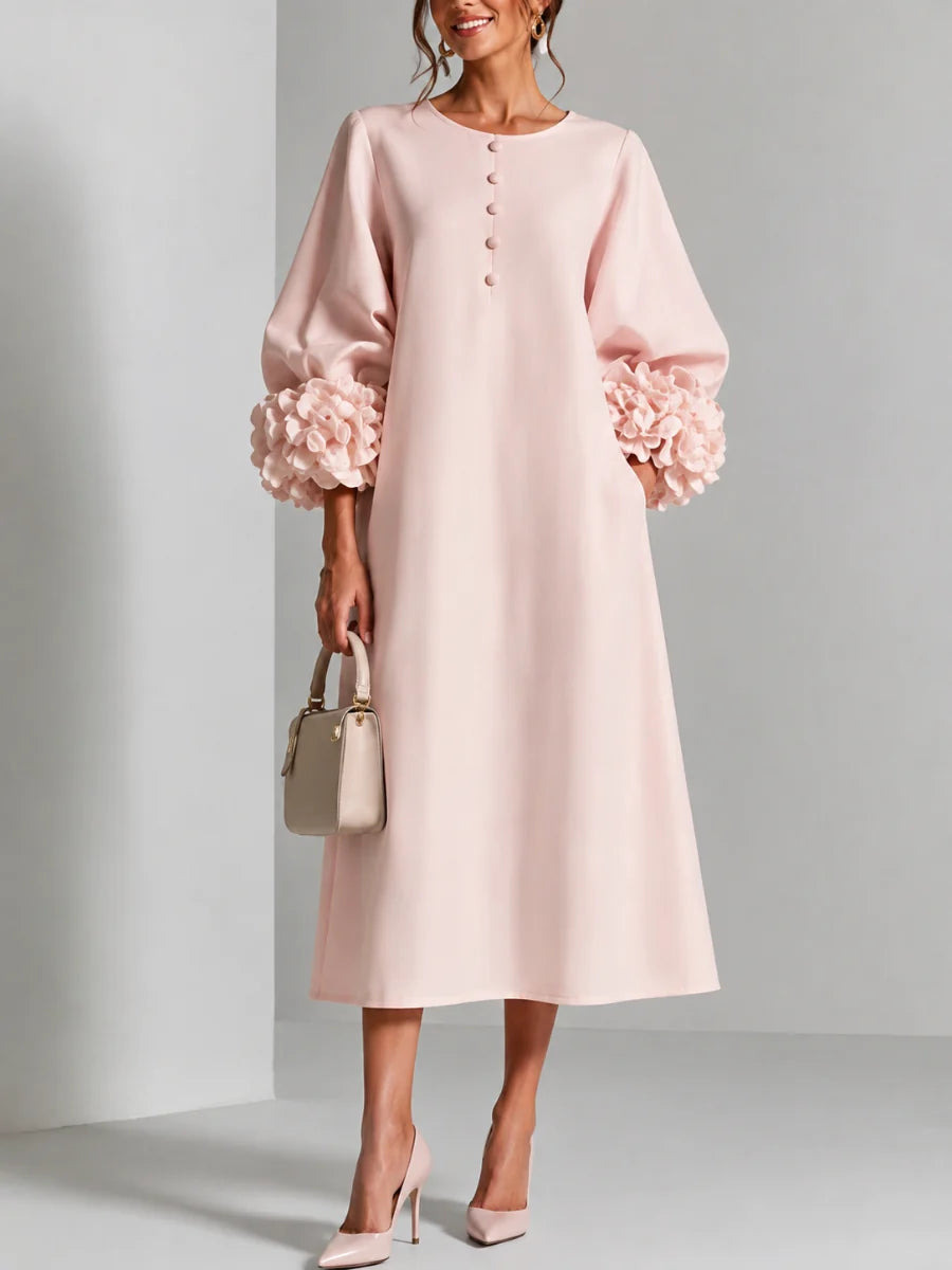 3D Floral Detail Midi Dress with Statement Sleeves