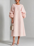 3D Floral Detail Midi Dress with Statement Sleeves