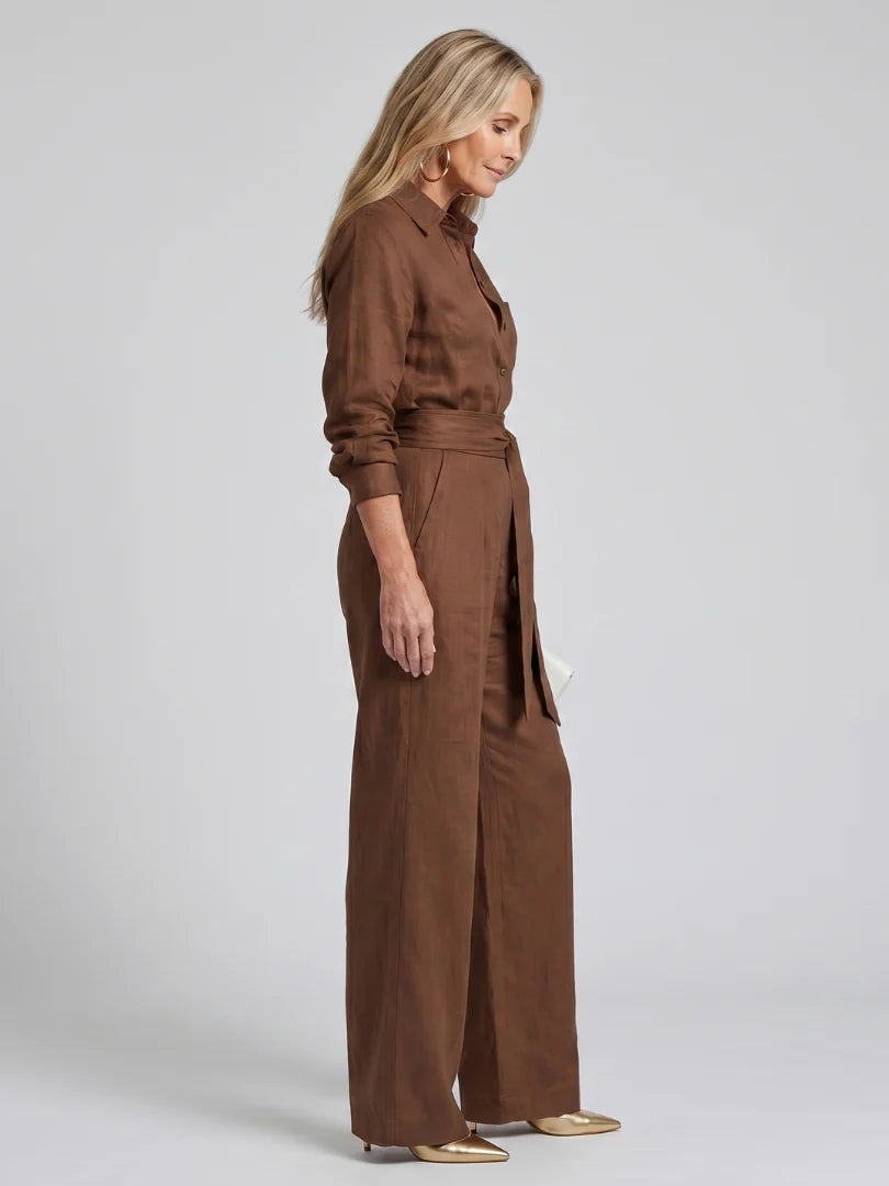 Long Sleeve Button Front Wide Leg Jumpsuit
