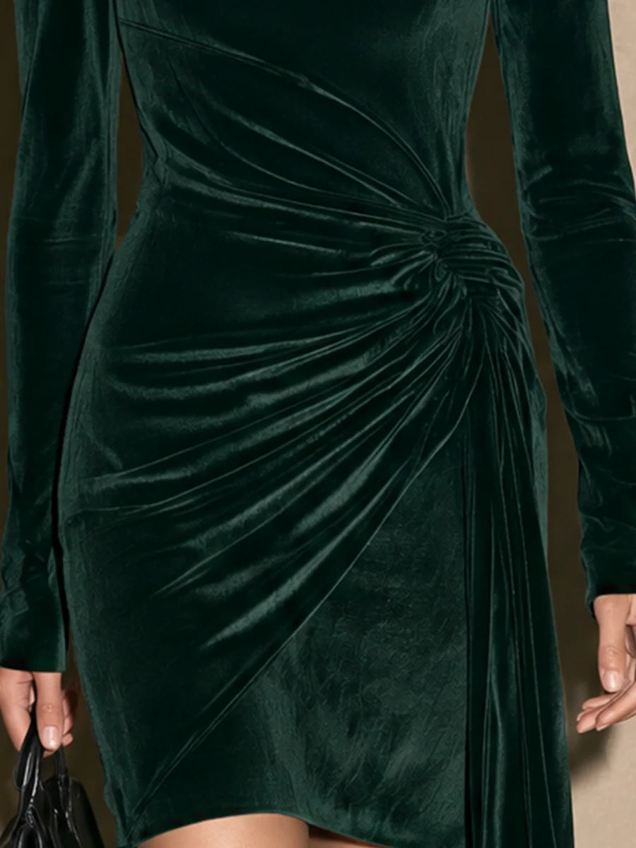 Velvet Draped High Neck and Ruched Waist Mini Dress