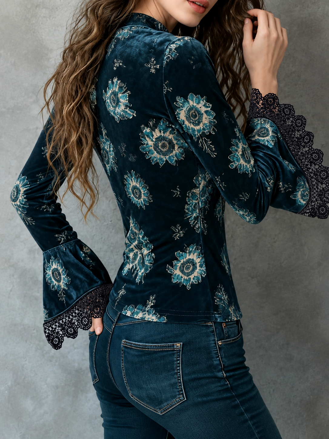 Lace-Trim Floral Velvet Blouse