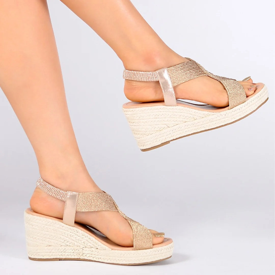 Metallic T-Strap Wedge Sandals with Artisanal Braiding