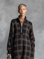 Loose Plaid Zipper Neck Knitted Maxi Dress