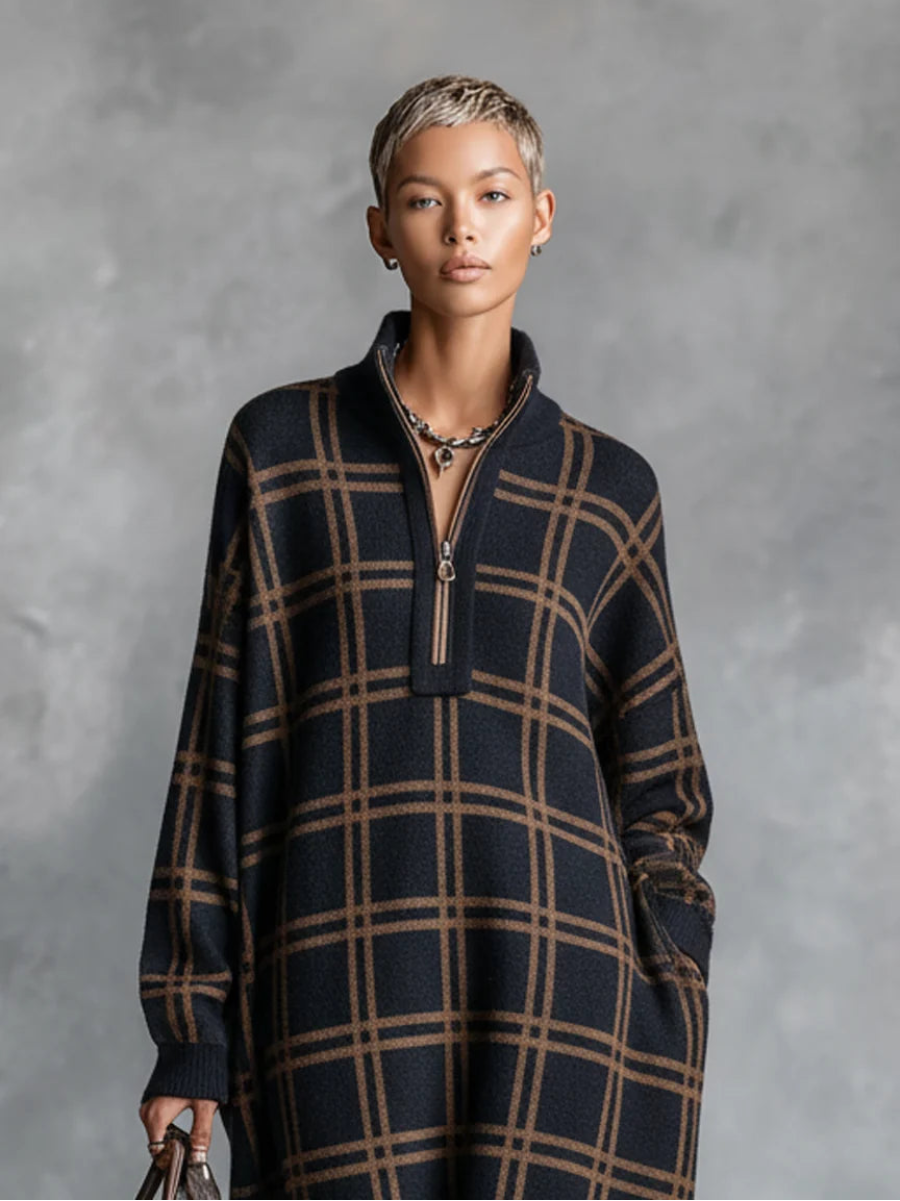 Loose Plaid Zipper Neck Knitted Maxi Dress