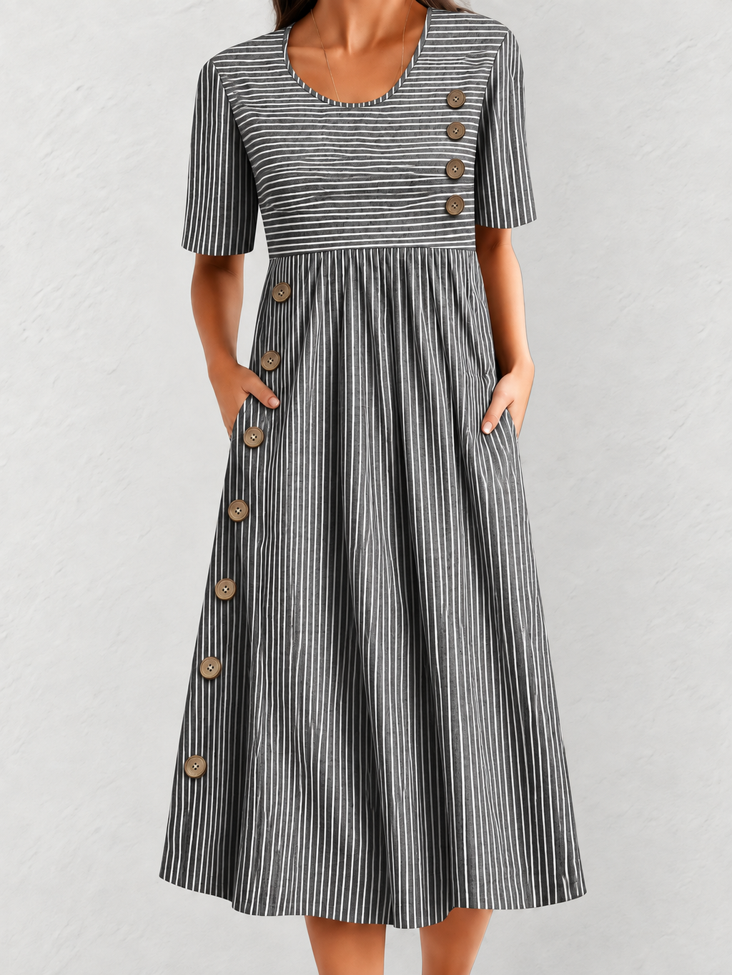 Striped Short Sleeve Midi Dress with Button Detail & Side Pockets
