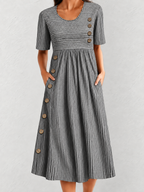 Striped Short Sleeve Midi Dress with Button Detail & Side Pockets