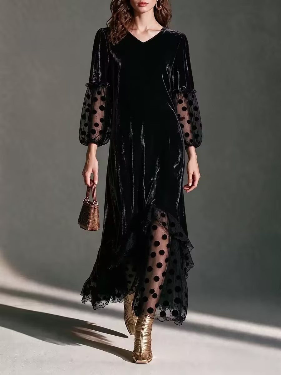 V-Neck Blouson-Sleeve Polka-Dot Mesh Velvet Maxi Dress