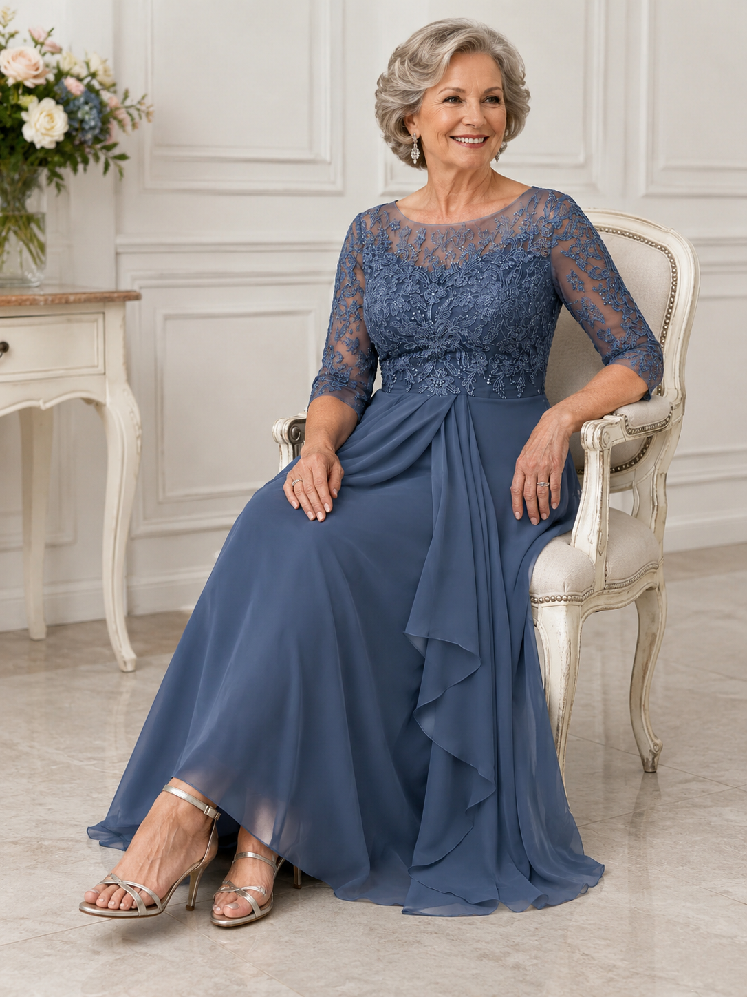 Elegant Lace Half-Sleeve Wedding Guest Midi Dress