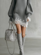 Knitted White Lace Turtleneck Comfortable Mini Dress