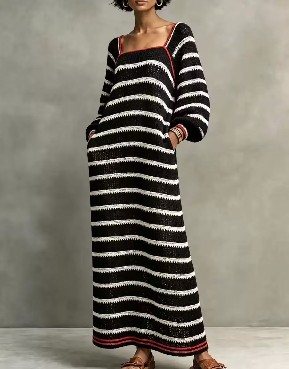 Minimalist Striped Square-Neck Long-Sleeve Maxi Sweater Dress