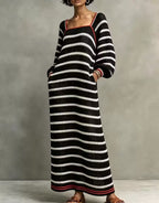 Minimalist Striped Square-Neck Long-Sleeve Maxi Sweater Dress