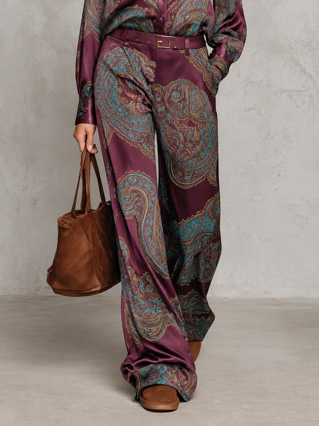 Vintage Paisley Satin Belted Ensemble