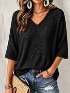Floral Embroidered Lace Trim V Neck 3/4 Sleeve Blouse