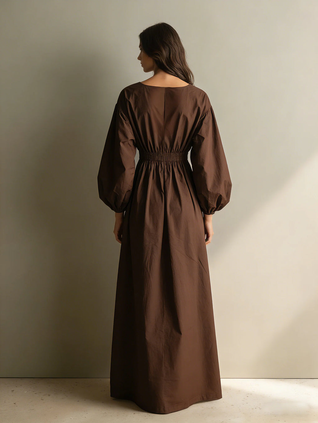Caual V-neck Long-sleeved Maxi Dress With Elastic Waist