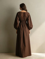 Caual V-neck Long-sleeved Maxi Dress With Elastic Waist