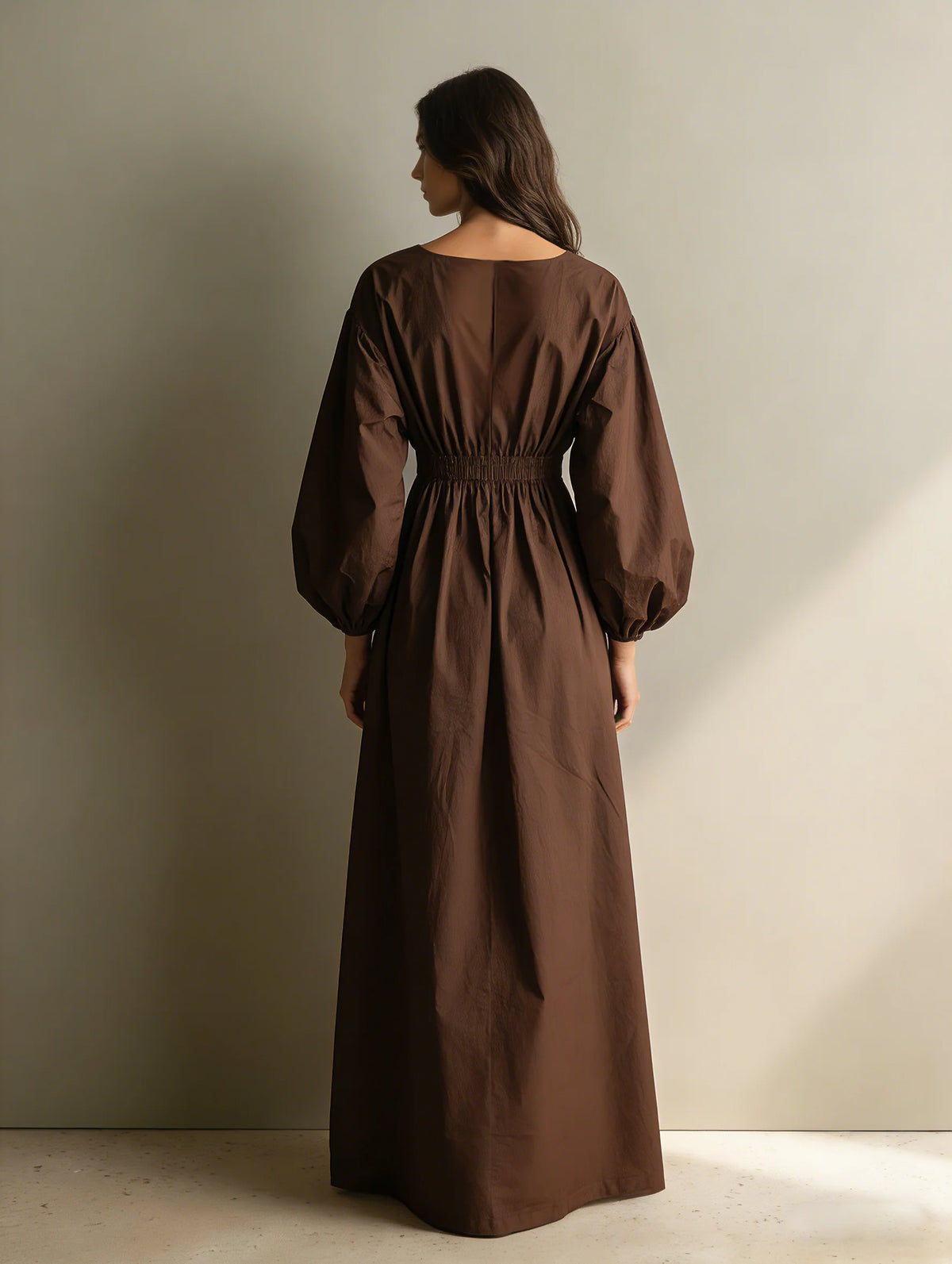 Caual V-neck Long-sleeved Maxi Dress With Elastic Waist