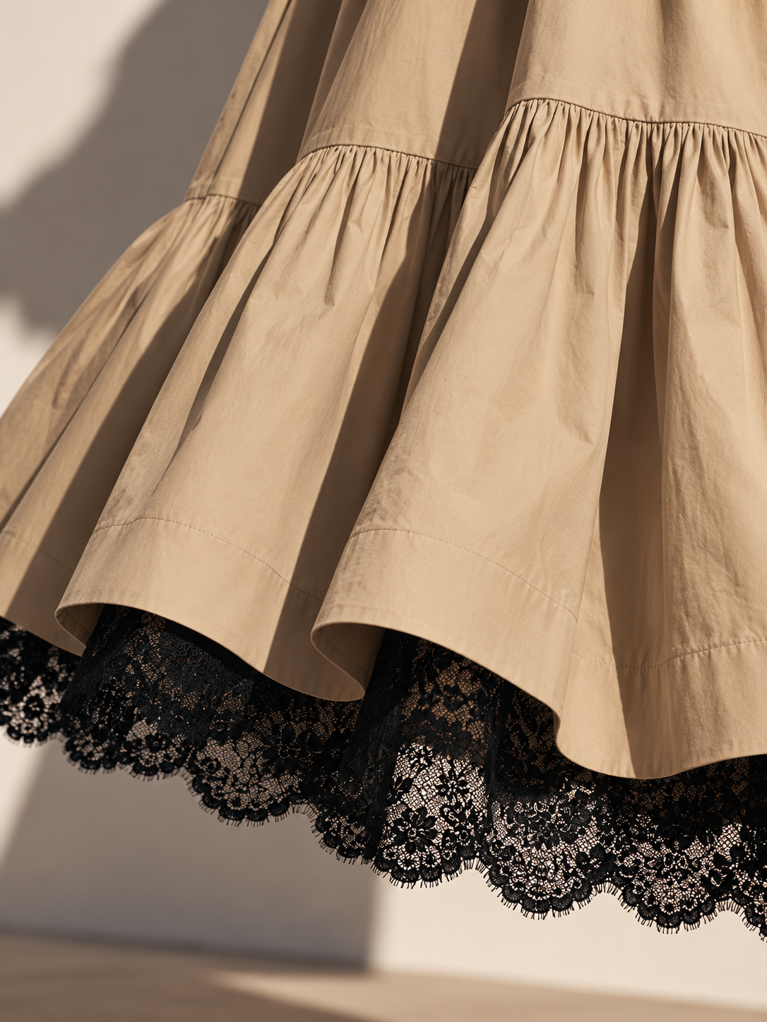 Elegant A-Line Lace Hem Belted Trench Coat