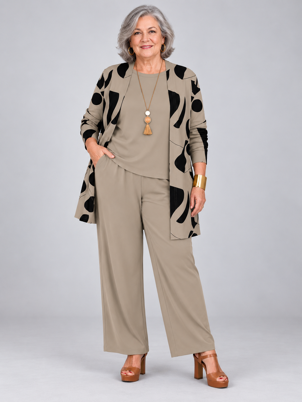 Elegant Printed Cardigan & Wide-Leg Pants 3-Piece Set