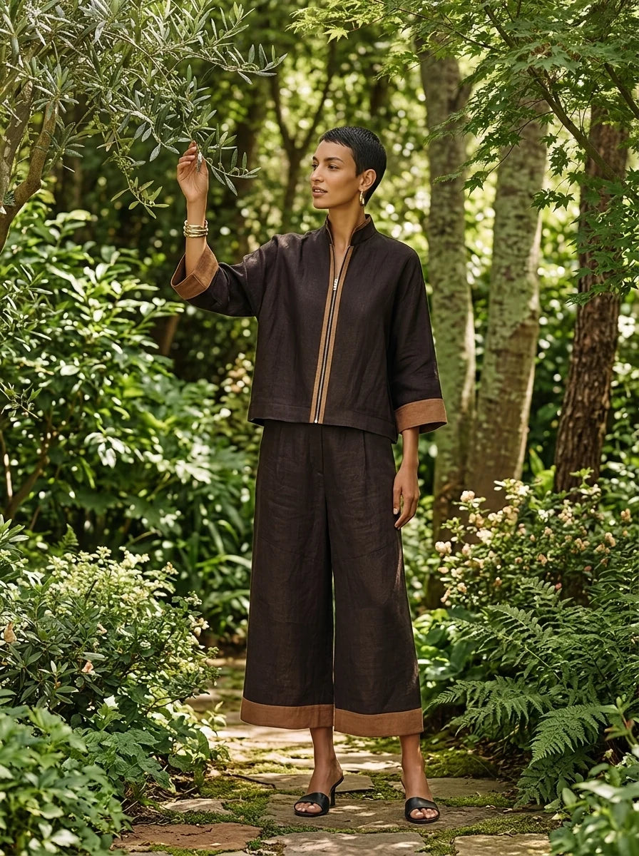 Contrast Trim Linen Set