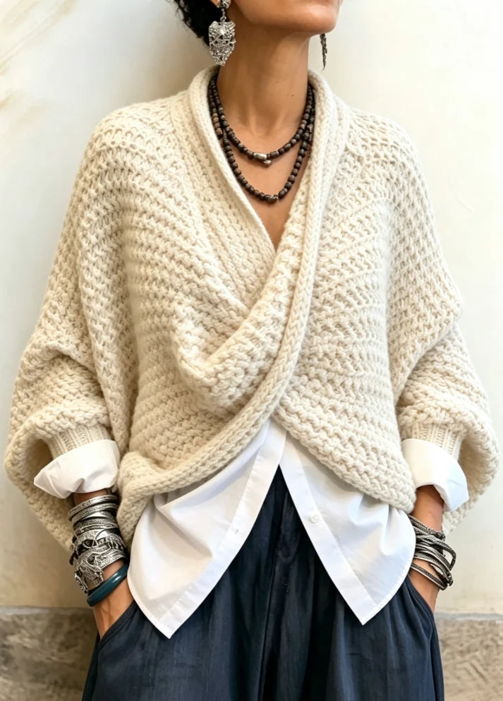 Cozy Relaxed Batwing Sleeves Crossover V-neck Sweater