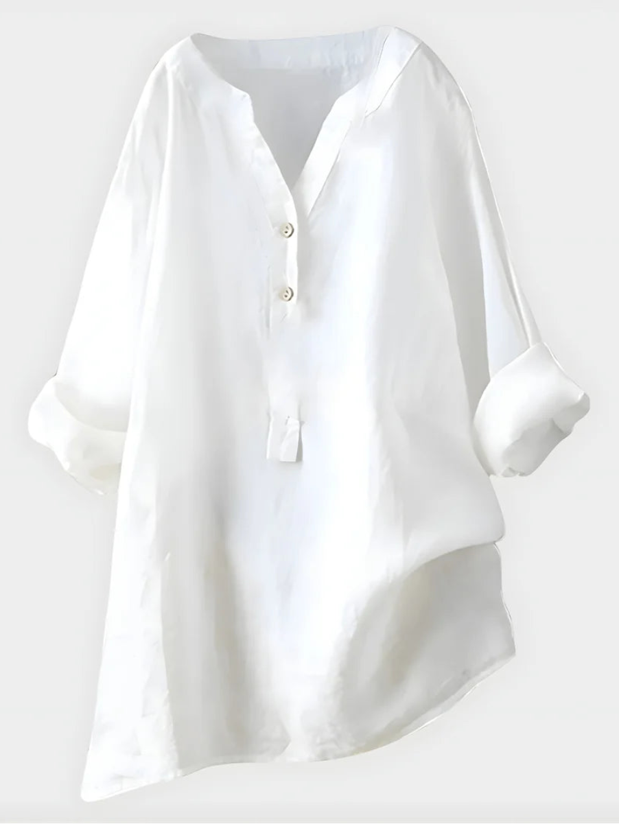 Elegant Cotton-Linen V-Neck Blouse