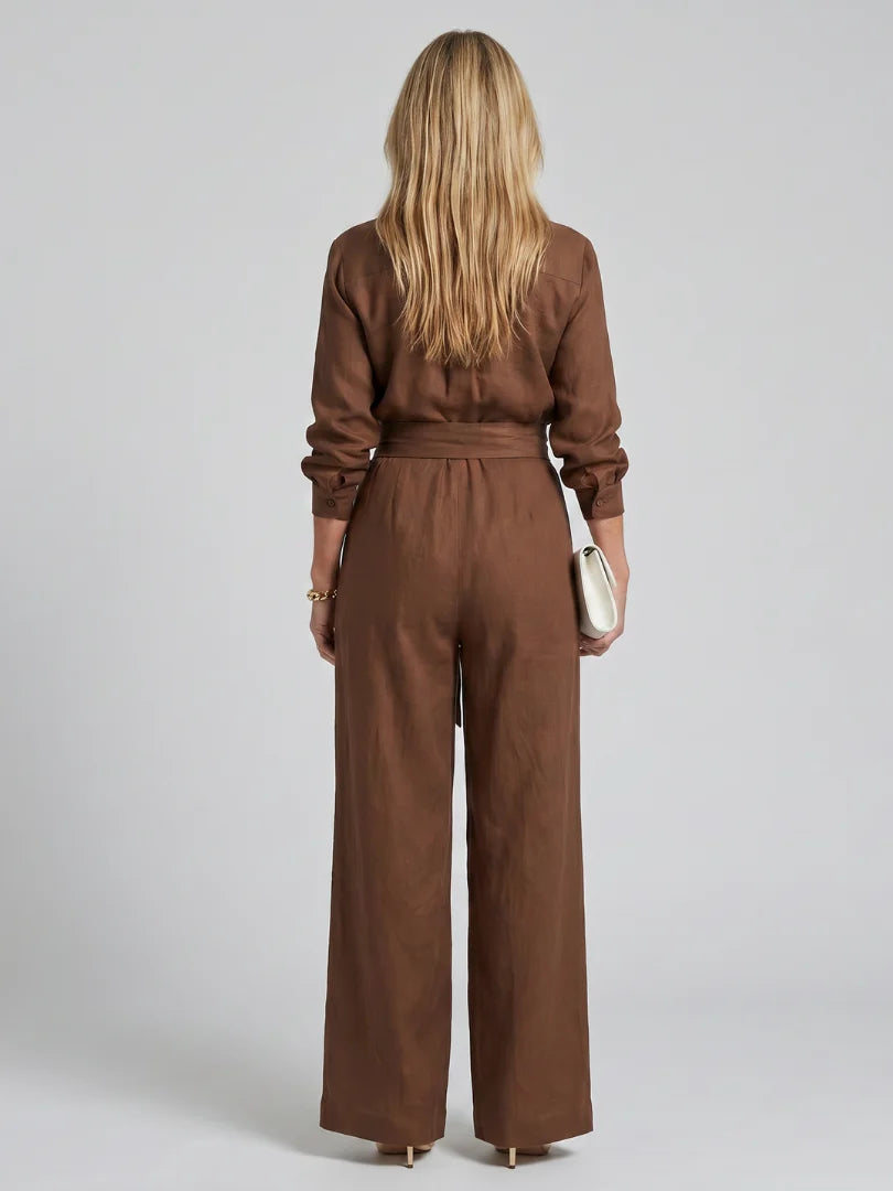 Long Sleeve Button Front Wide Leg Jumpsuit