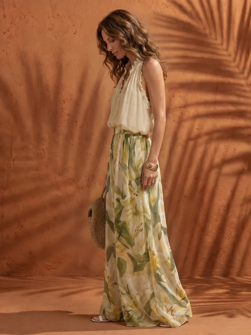 Halter Neck Blouse Floral Wide Leg Set