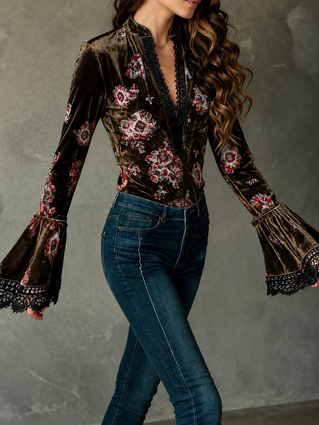 Lace-Trim Floral Velvet Blouse