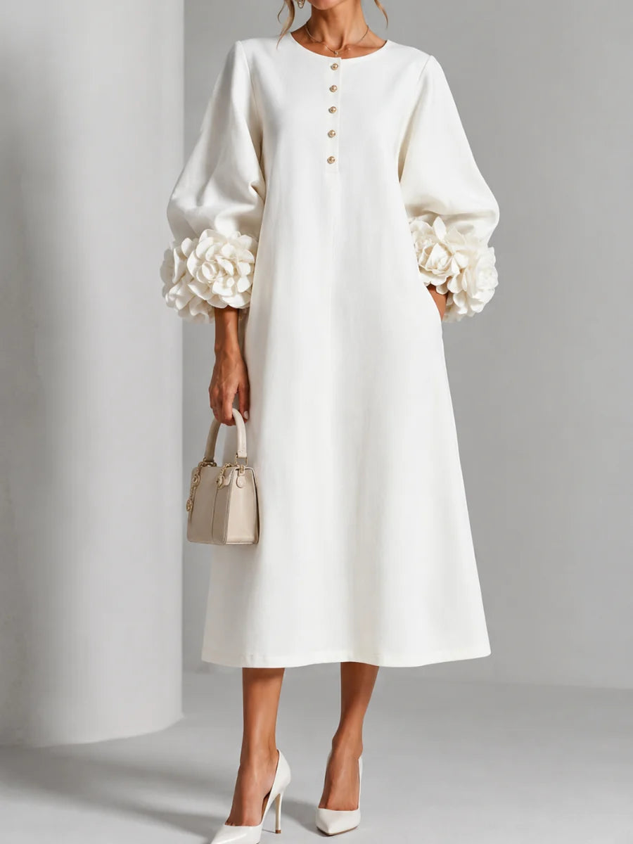 3D Floral Detail Midi Dress with Statement Sleeves