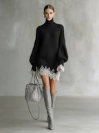 Knitted White Lace Turtleneck Comfortable Mini Dress