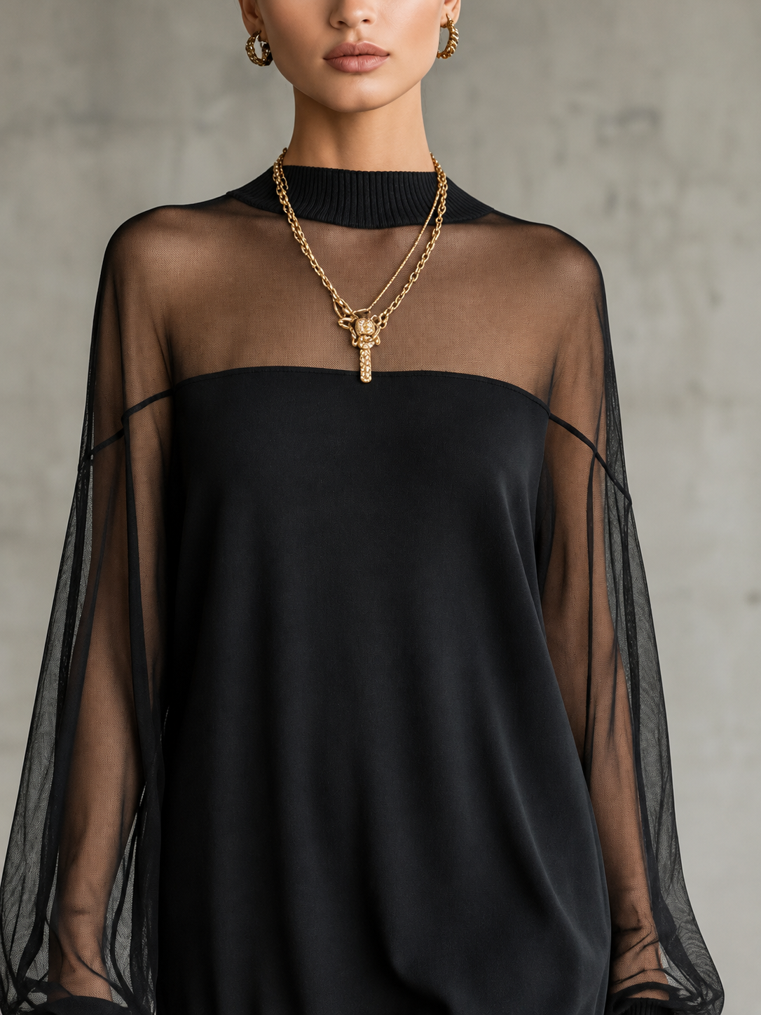 Elegant Black Mini Dress With Mesh Sleeves