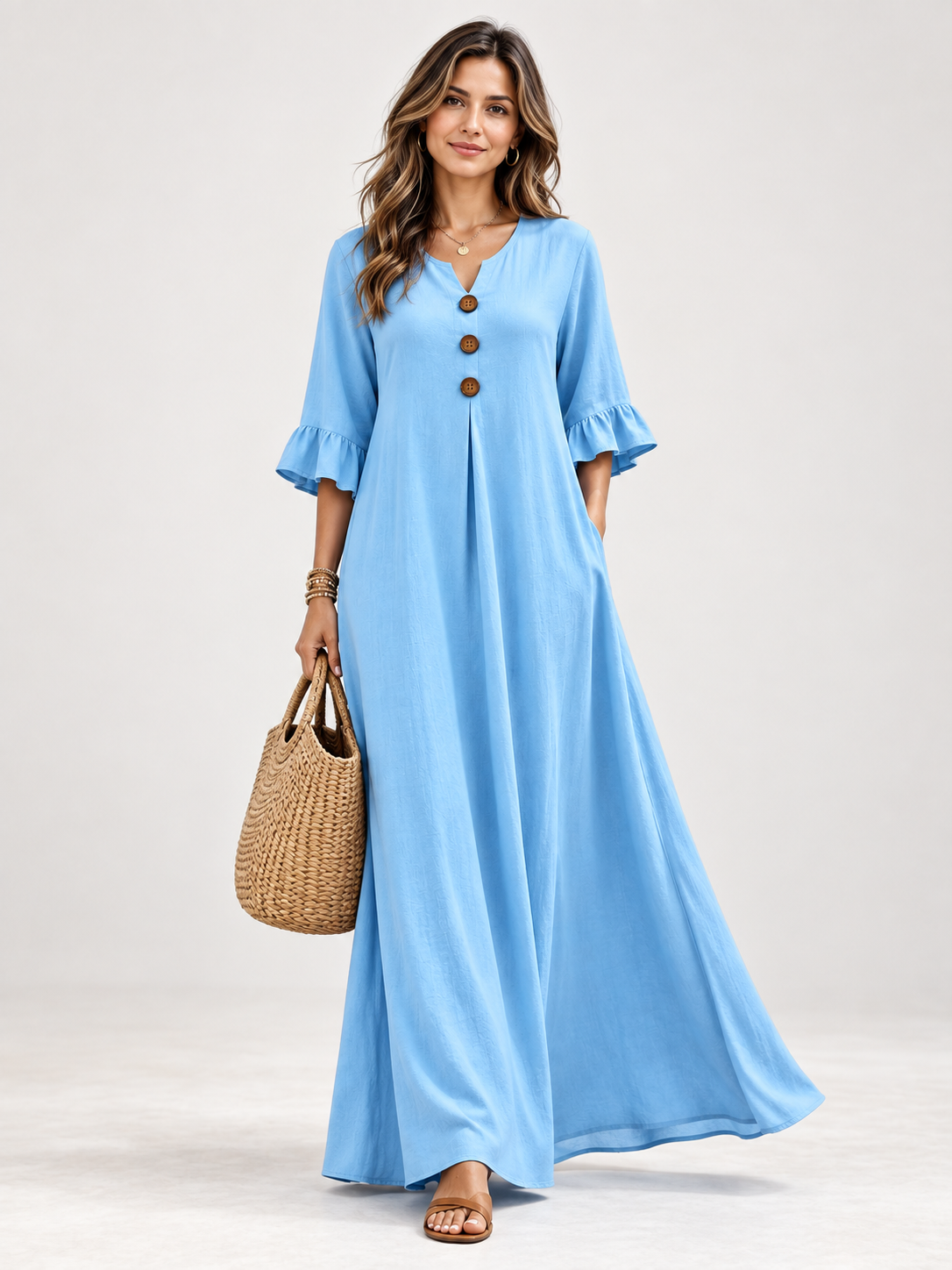 Boho A-Line Maxi Dress with Wooden Buttons and Ruffle Detail