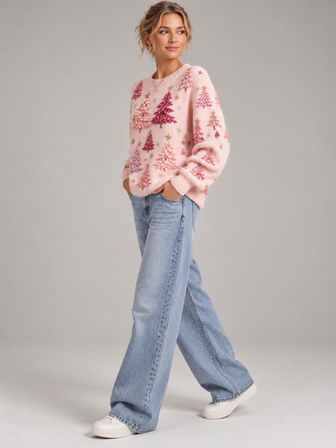 Christmas Tree Print Embellished Knit Sweater