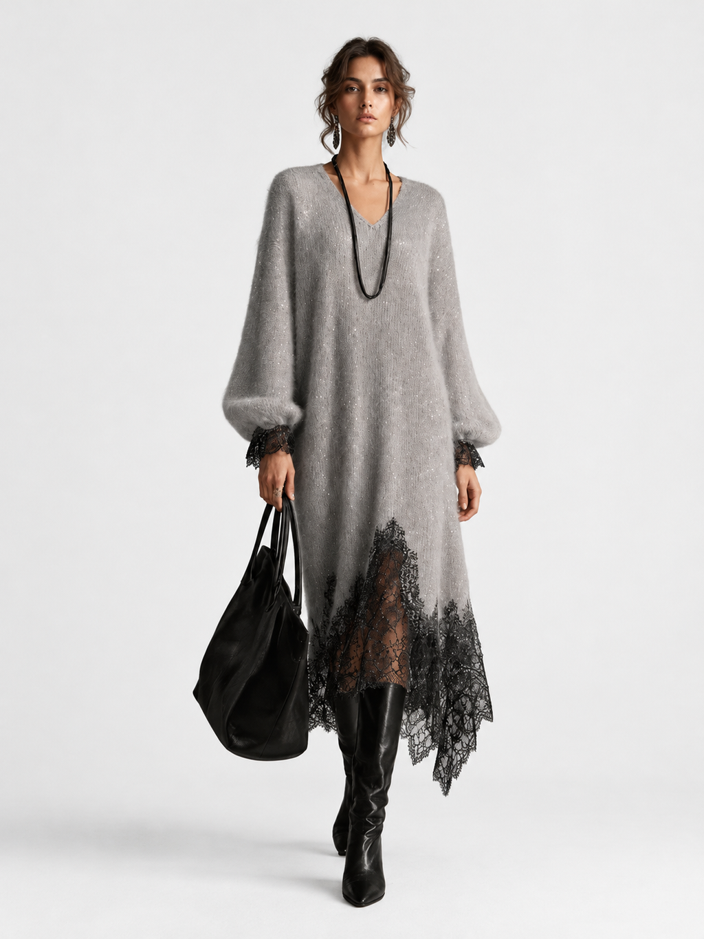 Sequin Knit Dress With Lace Hem