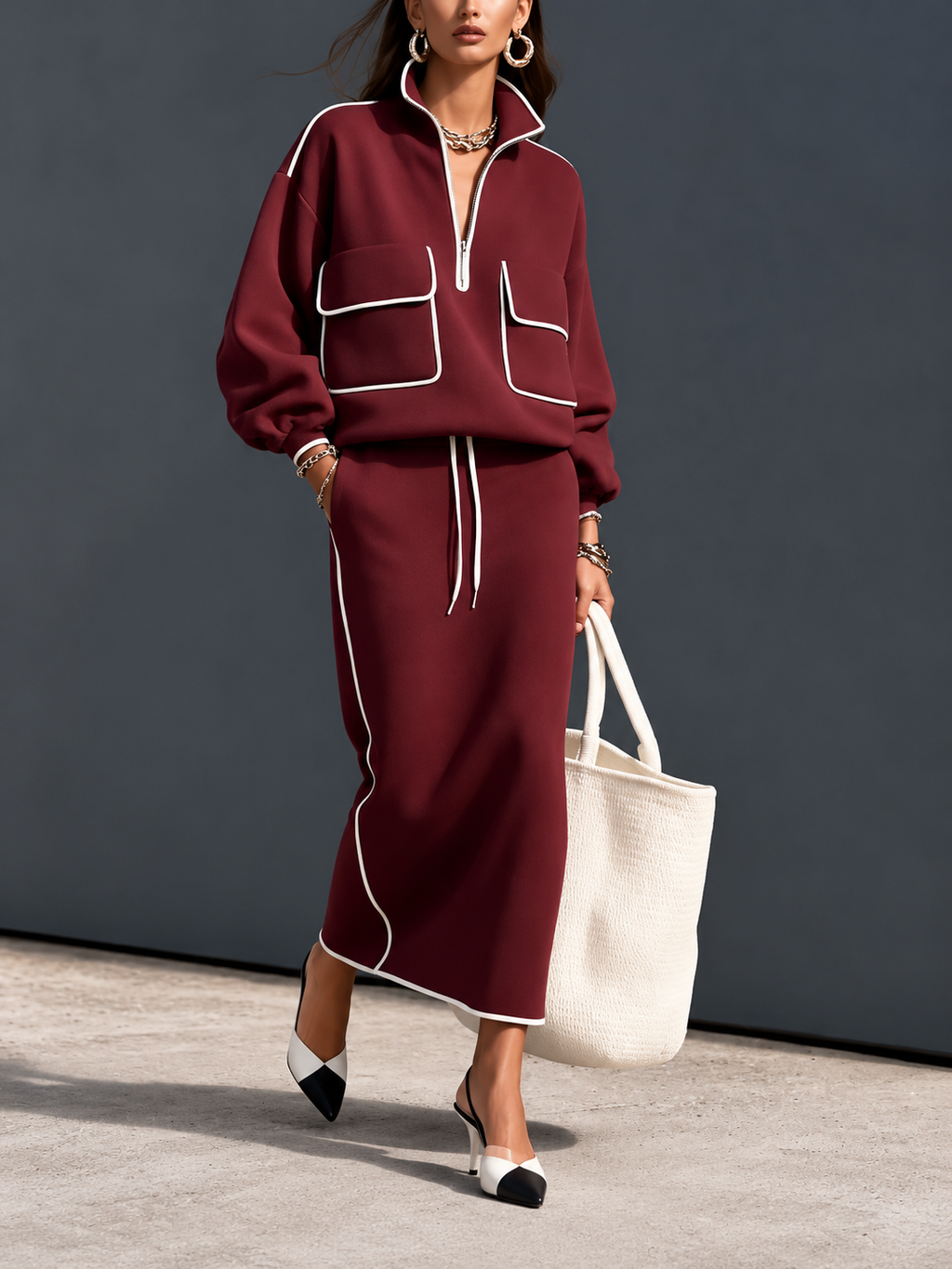 Casual Grey Scuba-Knit Long-Sleeve Top And Skirt Two-Piece Set