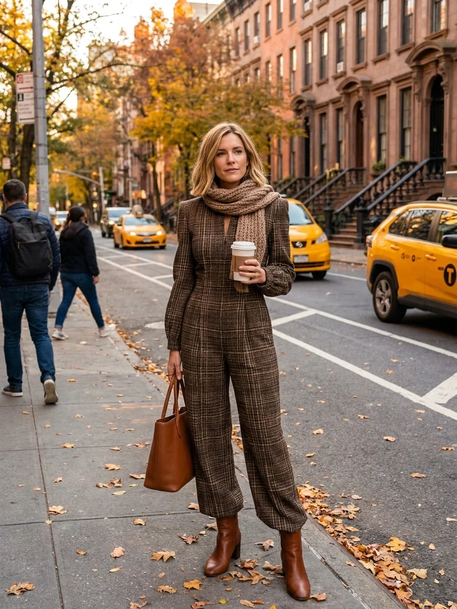Vintage Plaid Woolen Stand Collar Wide Leg Jumpsuit