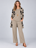 Elegant Printed Cardigan & Wide-Leg Pants 3-Piece Set