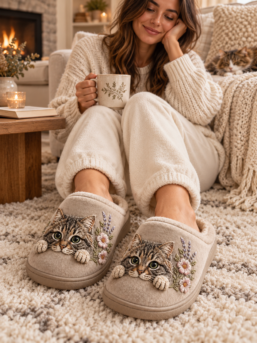 Embroidered Cat Slippers